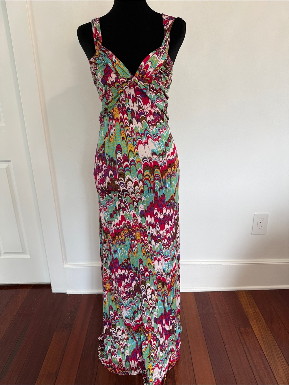 Karina Grimaldi Teal, Magenta and White Patterned Sleeveless Maxi Dress
